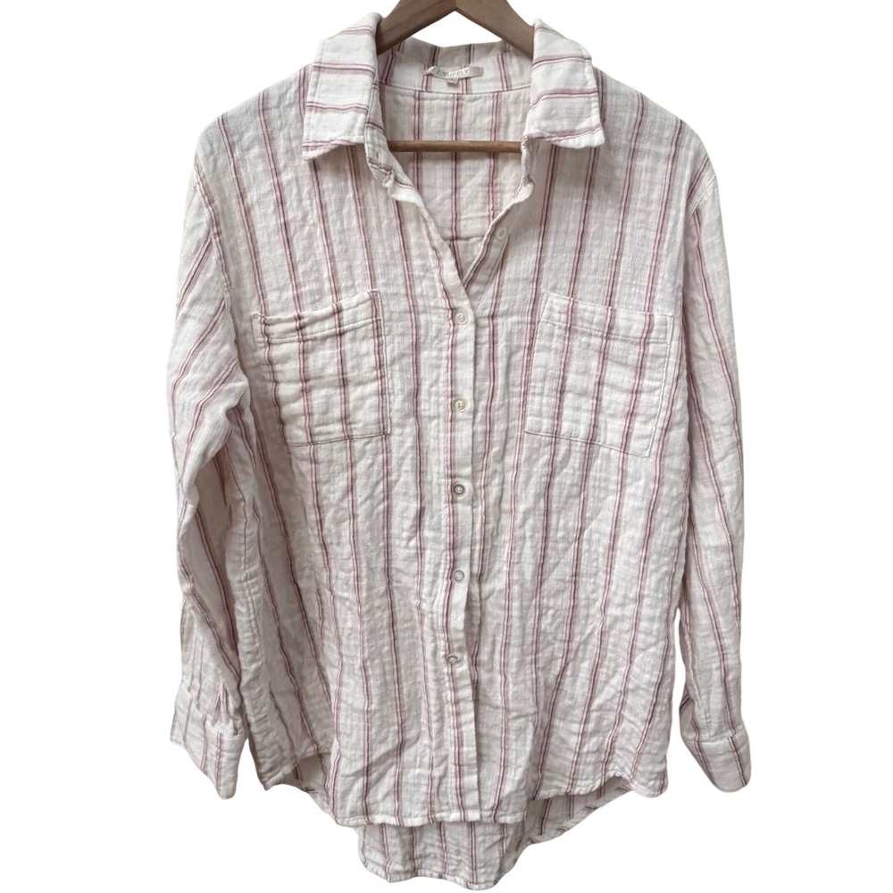 Z Supply Button Down Shirt Large White Pink Striped Double Gauze Beach